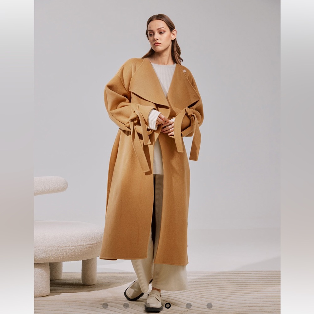 New Nap Loungewear Drape Cascade Wrap Camel Coat with belt